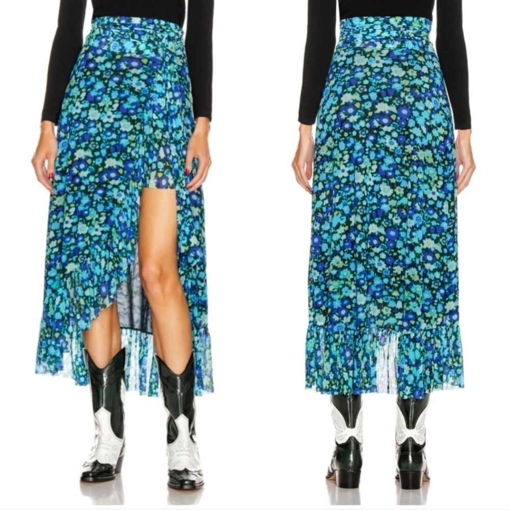 Ganni Floral Wrap Midi Skirt Asymmetrical Ruffle Blue Green Women's 32 Medium